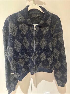 Zara Navy and Gray Argyle Teddy Jacket